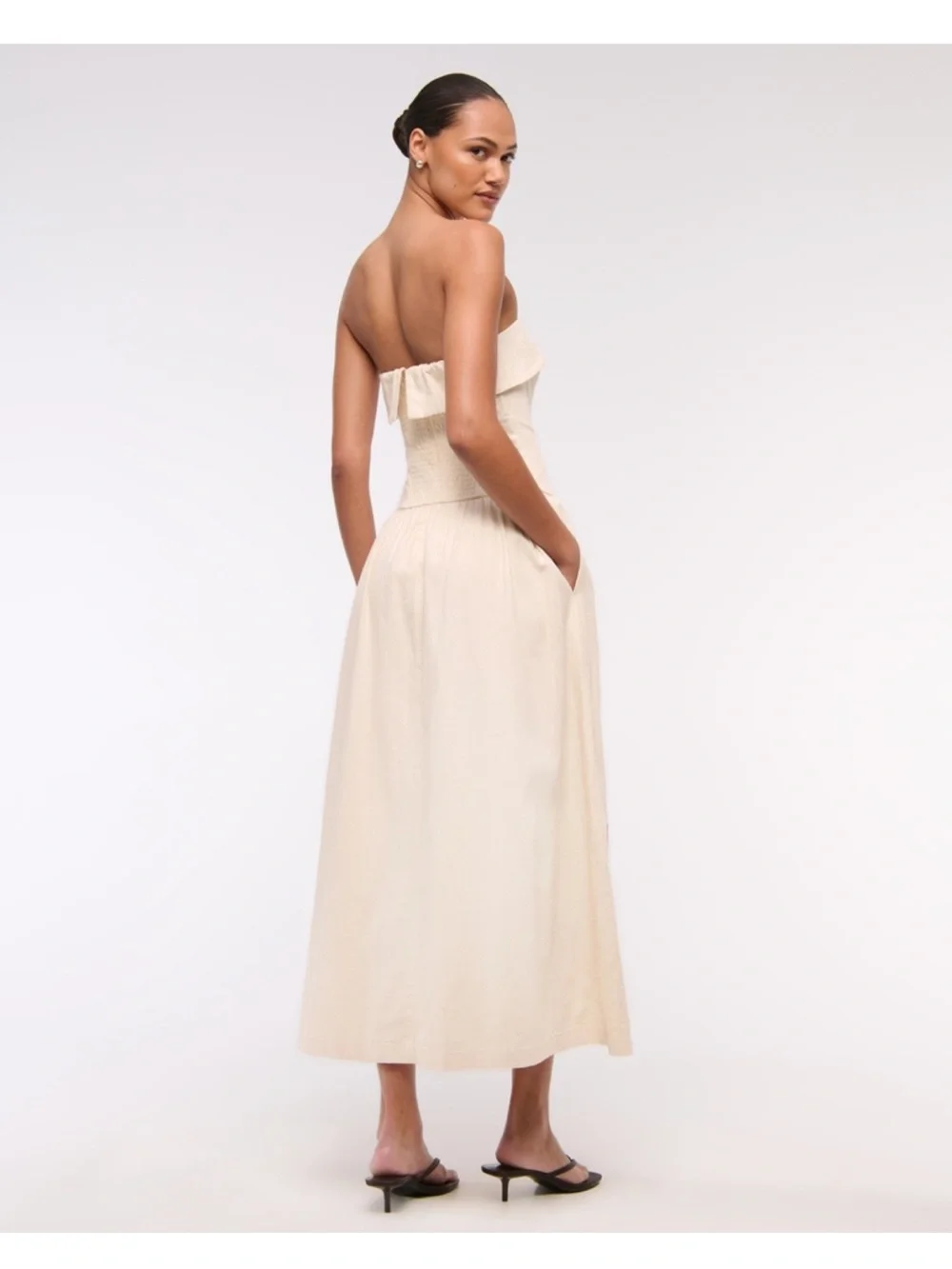 Abercrombie & Fitch Strapless Drop Waist Linen-Blend Cream Maxi Dress